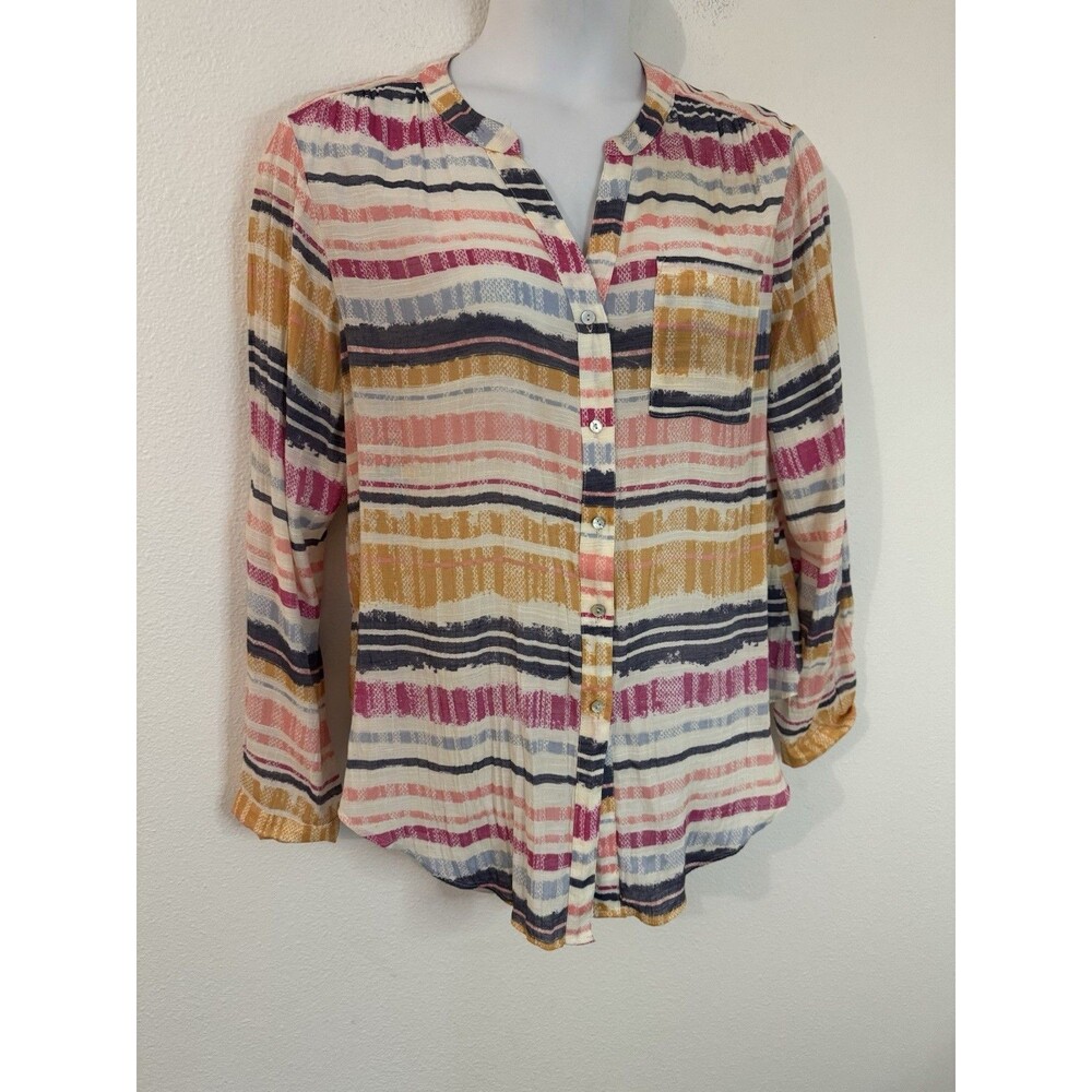 NYDJ Womens Blouse XL Long Sleeve Tunic Button Up Roll Tab Stripe Office EUC